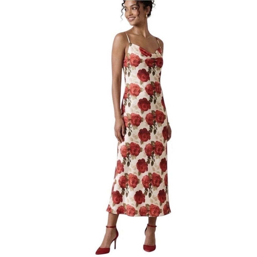 Thirty Thirty Size M Coquette Romantic Satin Slip Dress Cowl Neck Floral Midi